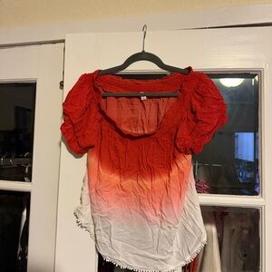 Xhilaration Red and White Ruched Ruffled Blouse
